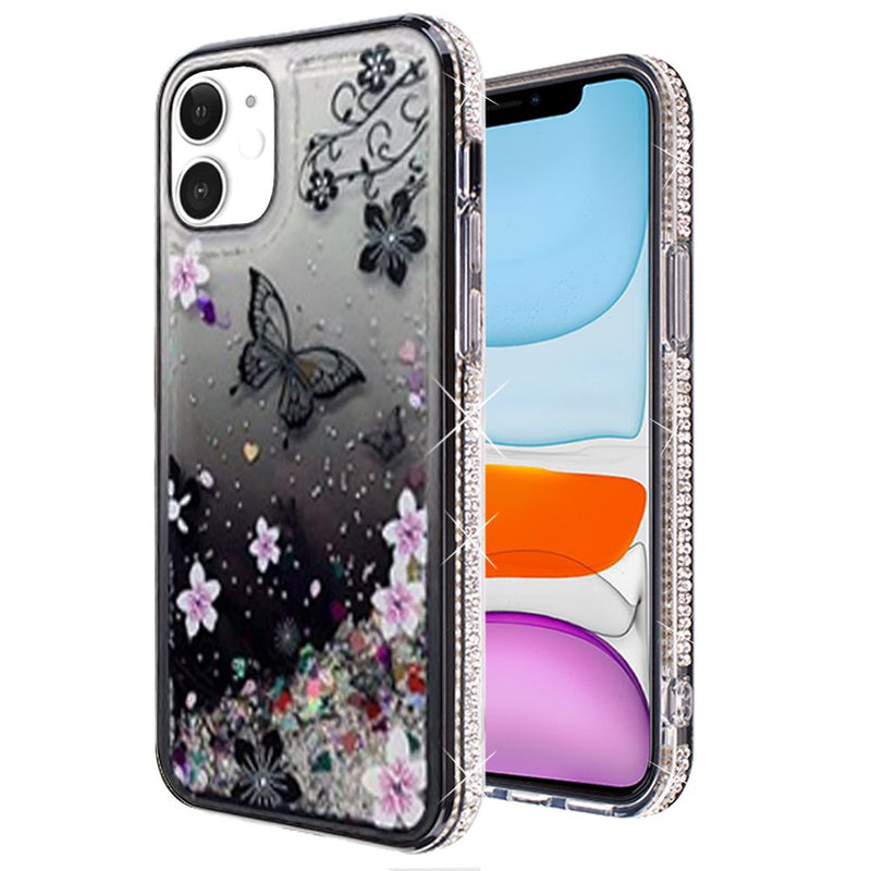 For Apple iPhone 11 (XI6.1) Quicksand Diamond Bumper Hybrid Case Cover - Black Butterfly Floral