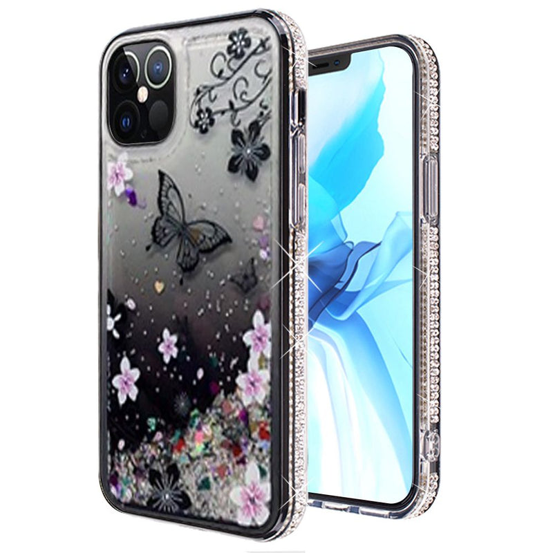 For iPhone 12/Pro (6.1 Only) Quicksand Diamond Bumper Hybrid Case Cover - Black Butterfly Floral