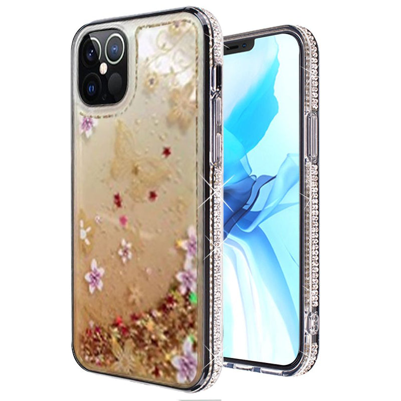 For iPhone 12/Pro (6.1 Only) Quicksand Diamond Bumper Hybrid Case Cover - Gold Butterfly Floral