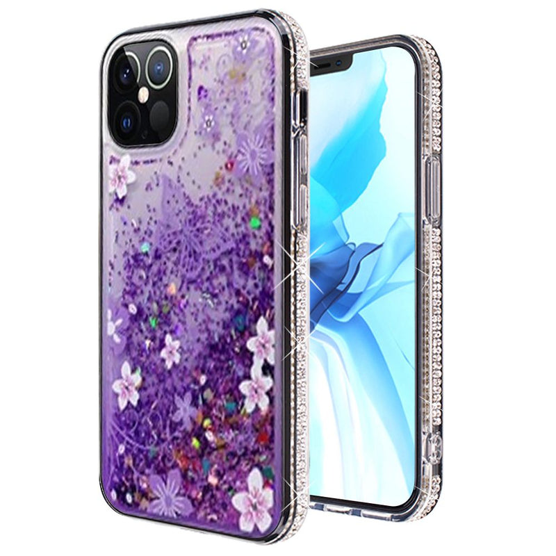 For iPhone 12/Pro (6.1 Only) Quicksand Diamond Bumper Hybrid Case Cover - Purple Butterfly Floral