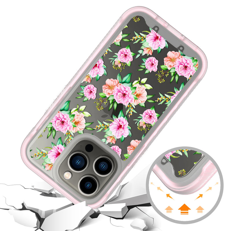 For Apple iPhone 14 PRO MAX 6.7" Exotic ShockProof Design Hybrid Case Cover - Pink Floral