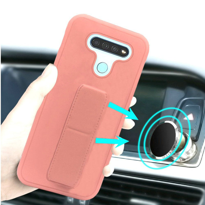 For LG K51 Foldable Magnetic Kickstand Vegan Case Cover - Light Pink