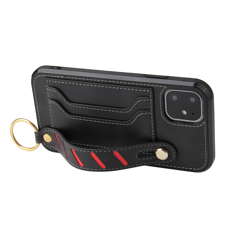 For Apple iPhone 14 PRO 6.1" Multi-Functional Cards Slot Wrist Strap Vegan Leather Case Cover - Black