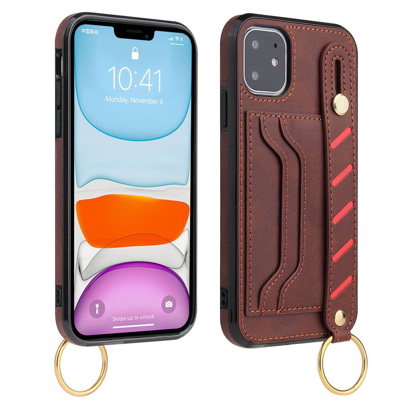 For Apple iPhone 14 PRO 6.1" Multi-Functional Cards Slot Wrist Strap Vegan Leather Case Cover - Brown