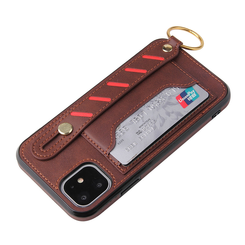 For Apple iPhone 14 PRO 6.1" Multi-Functional Cards Slot Wrist Strap Vegan Leather Case Cover - Brown