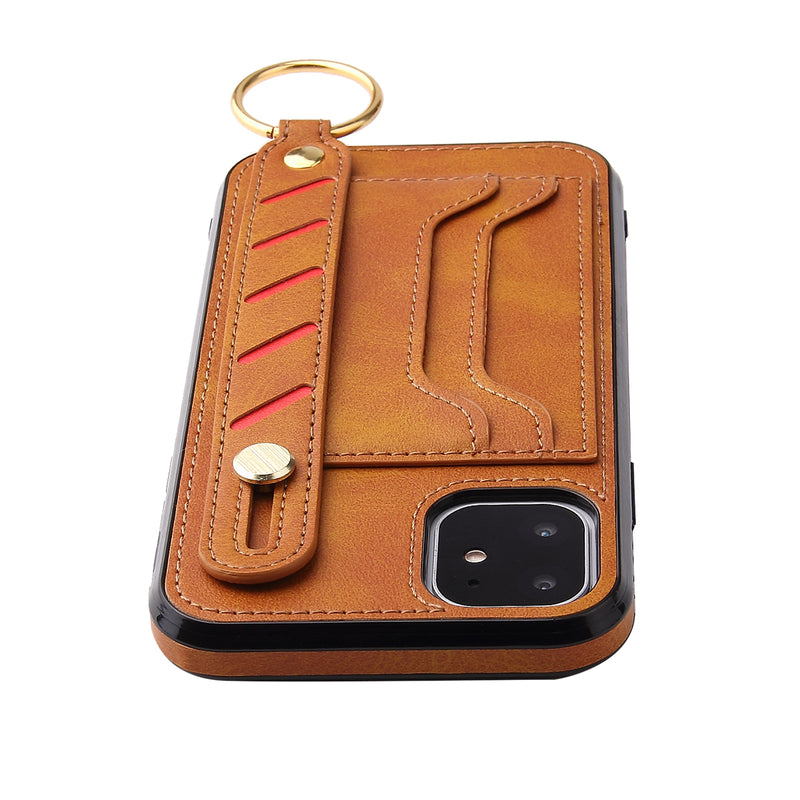 For Apple iPhone 14 PRO 6.1" Multi-Functional Cards Slot Wrist Strap Vegan Leather Case Cover - Tan