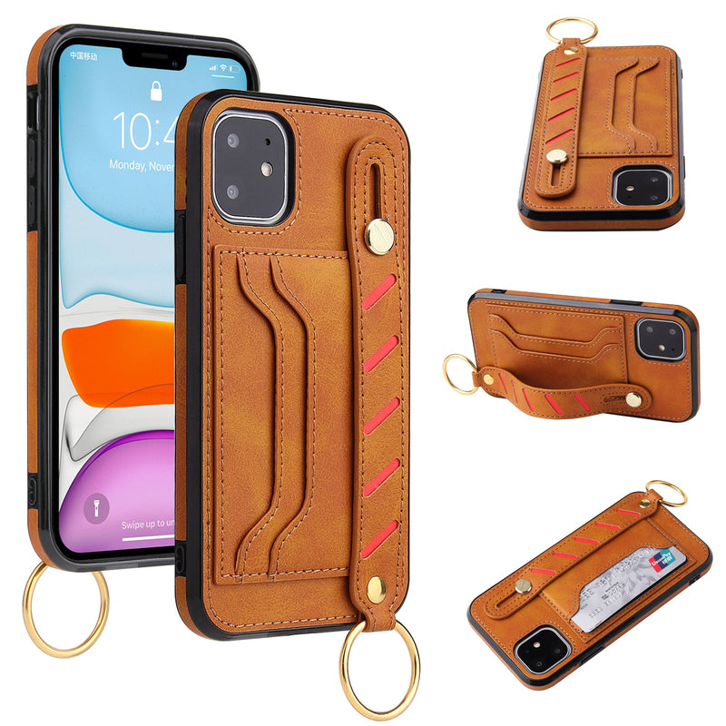 For Apple iPhone 14 PRO 6.1" Multi-Functional Cards Slot Wrist Strap Vegan Leather Case Cover - Tan
