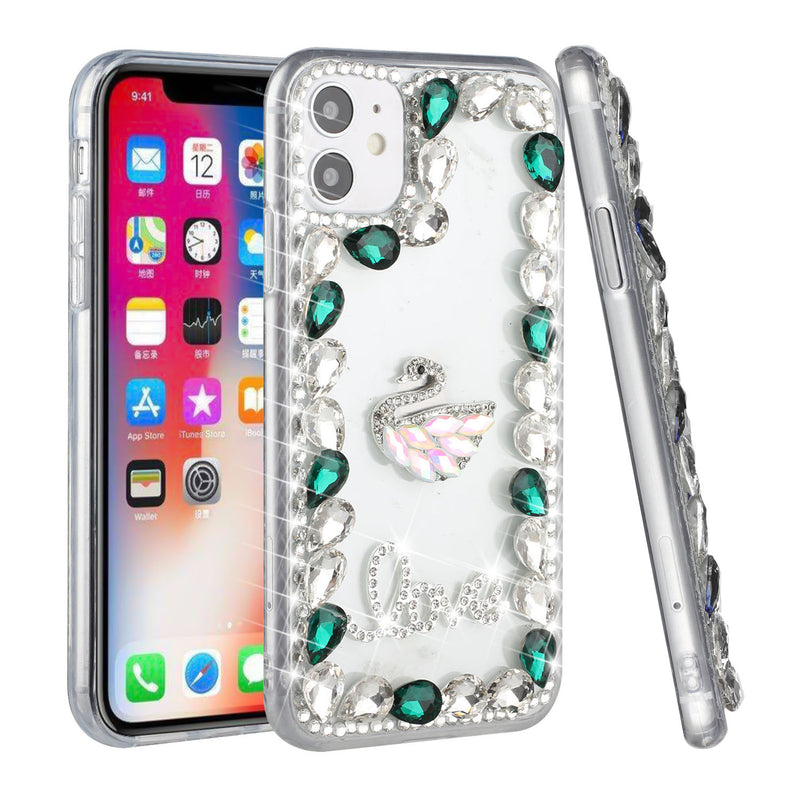 For Apple iPhone 14 PRO 6.1" Full Diamond with Ornaments Hard TPU Case Cover - Green Love Bird