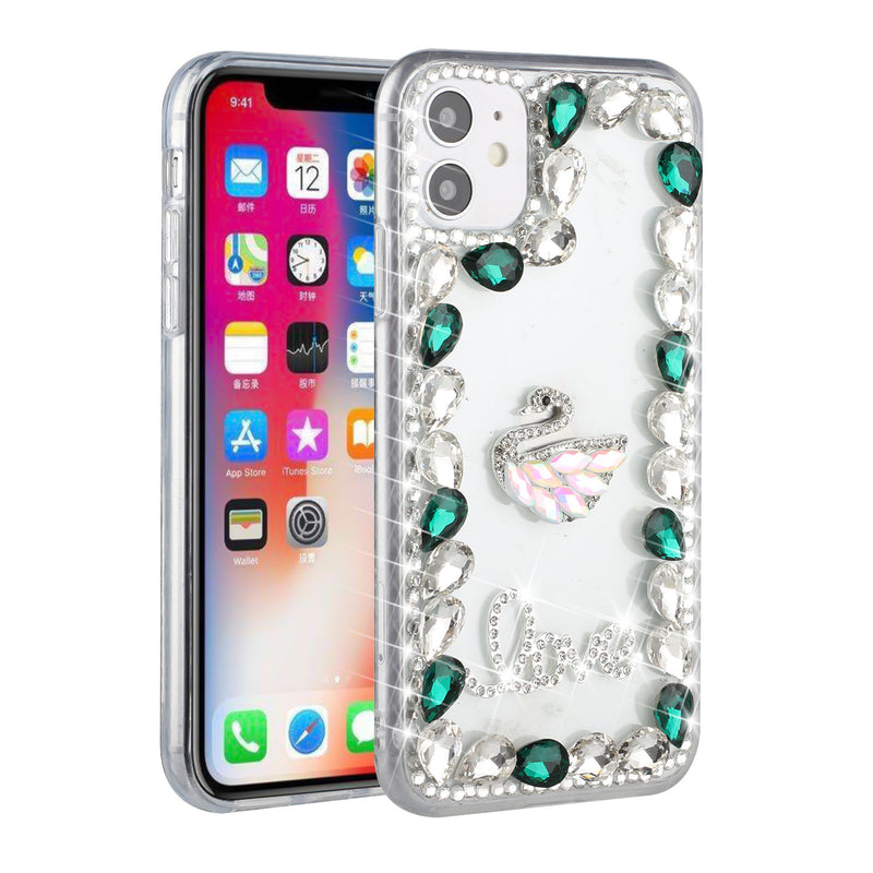 For Apple iPhone 14 PRO 6.1" Full Diamond with Ornaments Hard TPU Case Cover - Green Love Bird