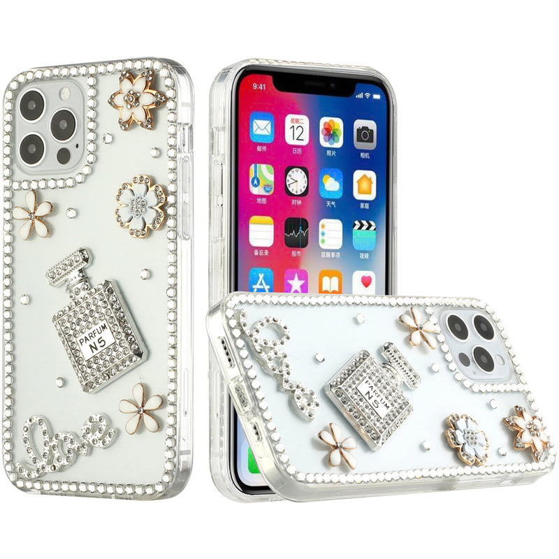 For Apple iPhone 14 PRO 6.1" Full Diamond with Ornaments Hard TPU Case Cover - Perfume Hearts Flower