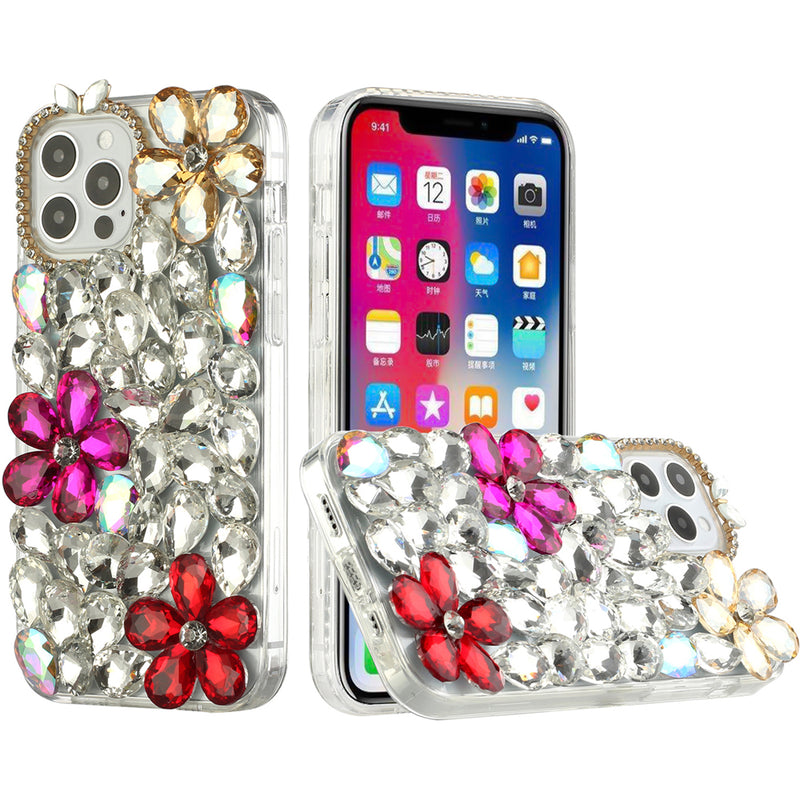 For Apple iPhone 14 PRO 6.1" Full Diamond with Ornaments Hard TPU Case Cover - Gold/Hot Pink/Red