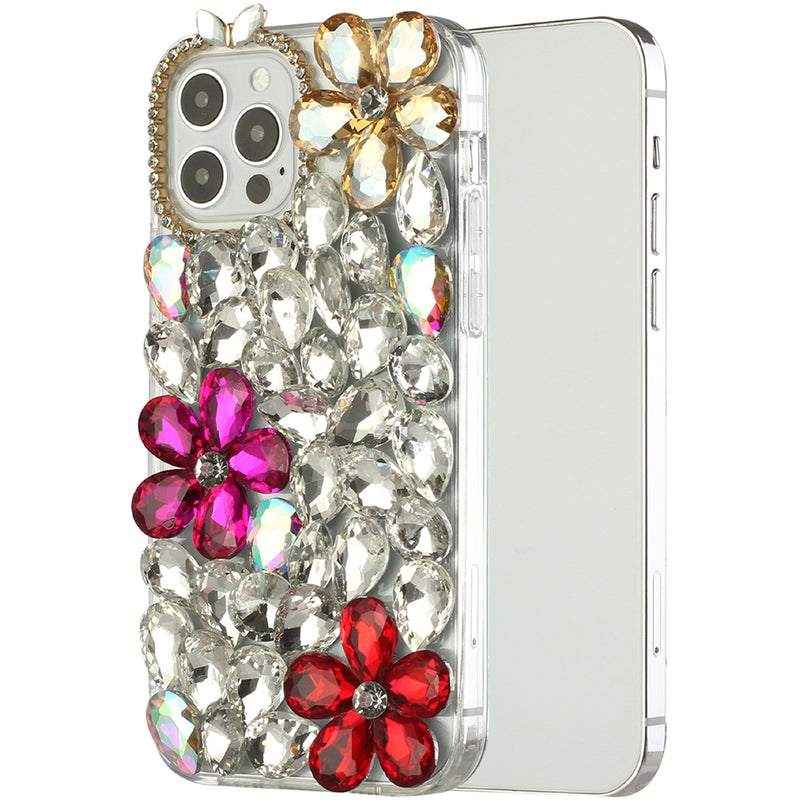 For Apple iPhone 14 PRO 6.1" Full Diamond with Ornaments Hard TPU Case Cover - Gold/Hot Pink/Red