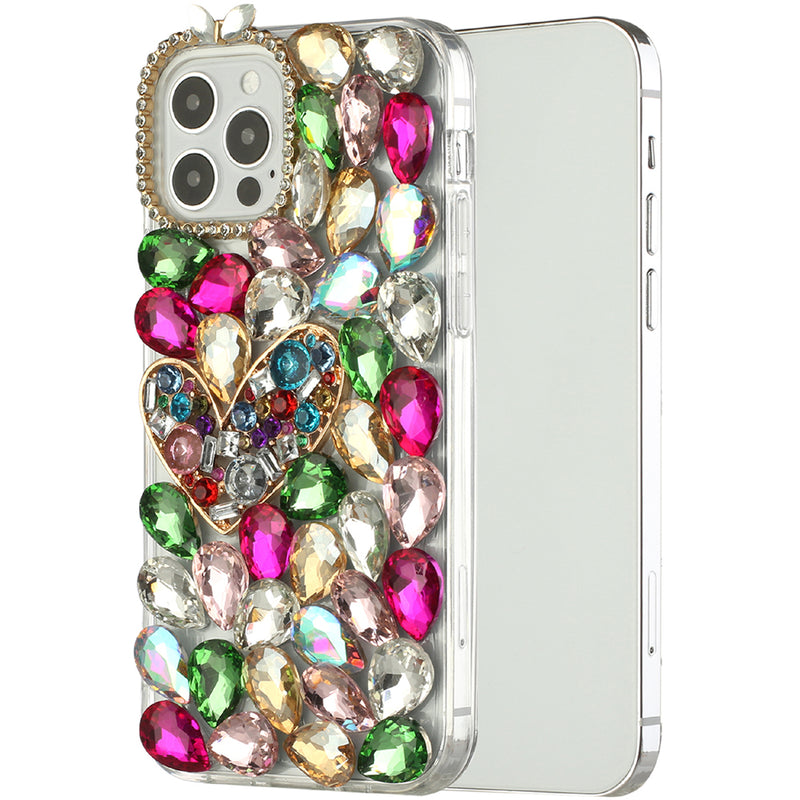 For iPhone 12/Pro (6.1 Only) Full Diamond with Ornaments Hard TPU Case Cover - Colorful Ornaments with Hear