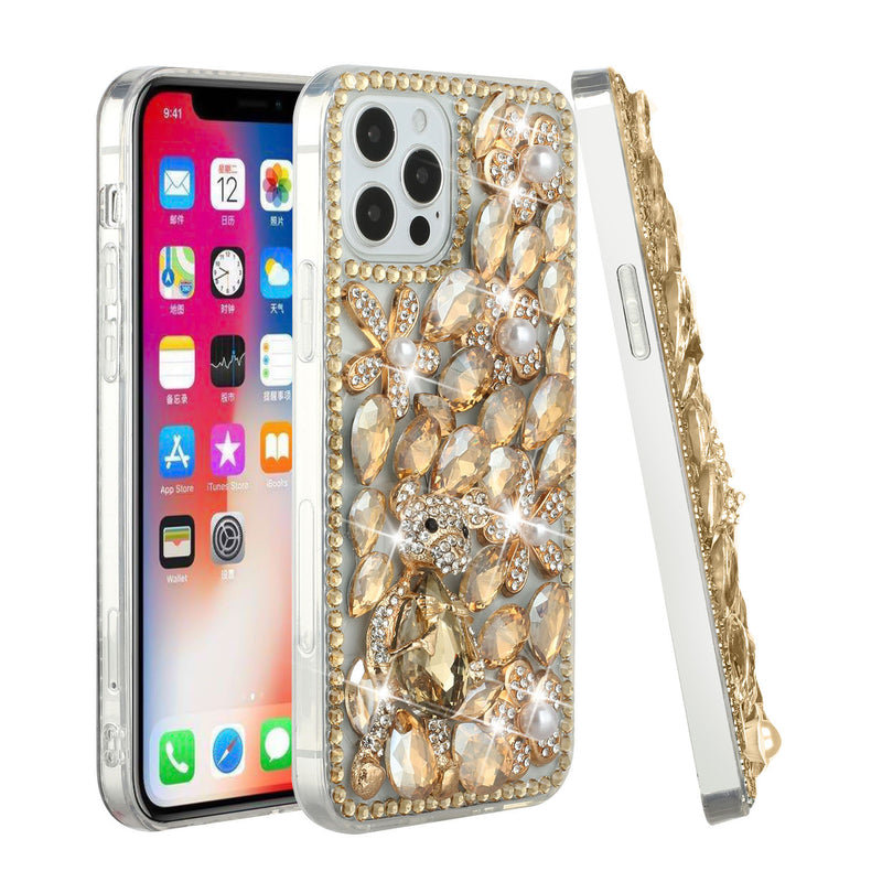 For iPhone 12 Pro Max 6.7 Full Diamond with Ornaments Hard TPU Case Cover - Gold Panda Floral