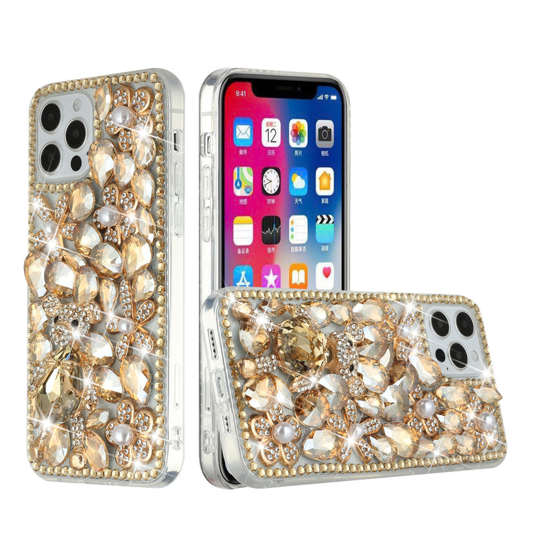 For iPhone 12/Pro (6.1 Only) Full Diamond with Ornaments Hard TPU Case Cover - Gold Panda Flora