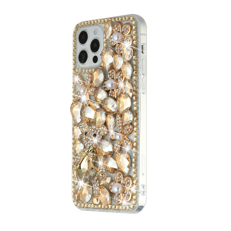 For iPhone 12/Pro (6.1 Only) Full Diamond with Ornaments Hard TPU Case Cover - Gold Panda Floral