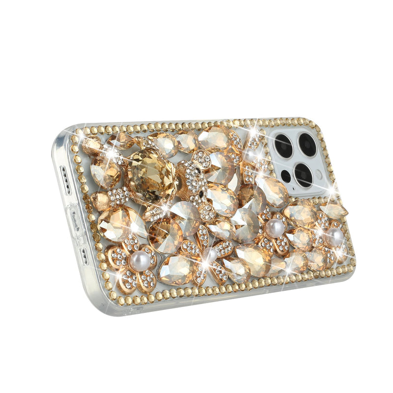 For iPhone 12/Pro (6.1 Only) Full Diamond with Ornaments Hard TPU Case Cover - Gold Panda Floral