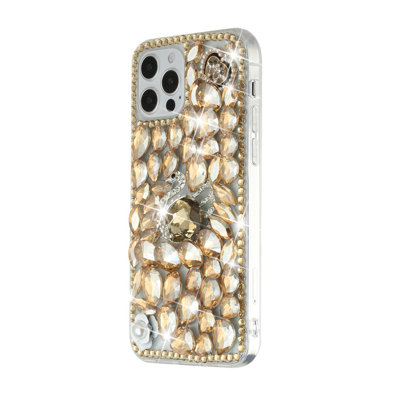 For iPhone 12/Pro (6.1 Only) Full Diamond with Ornaments Hard TPU Case Cover - Gold Swan Crown Pearl