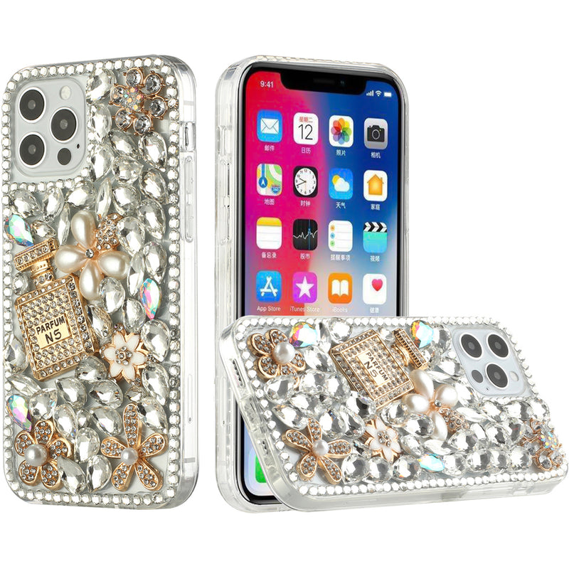 For iPhone 12 Pro Max 6.7 Full Diamond with Ornaments Hard TPU Case Cover - Pearl Flowers with Perfume