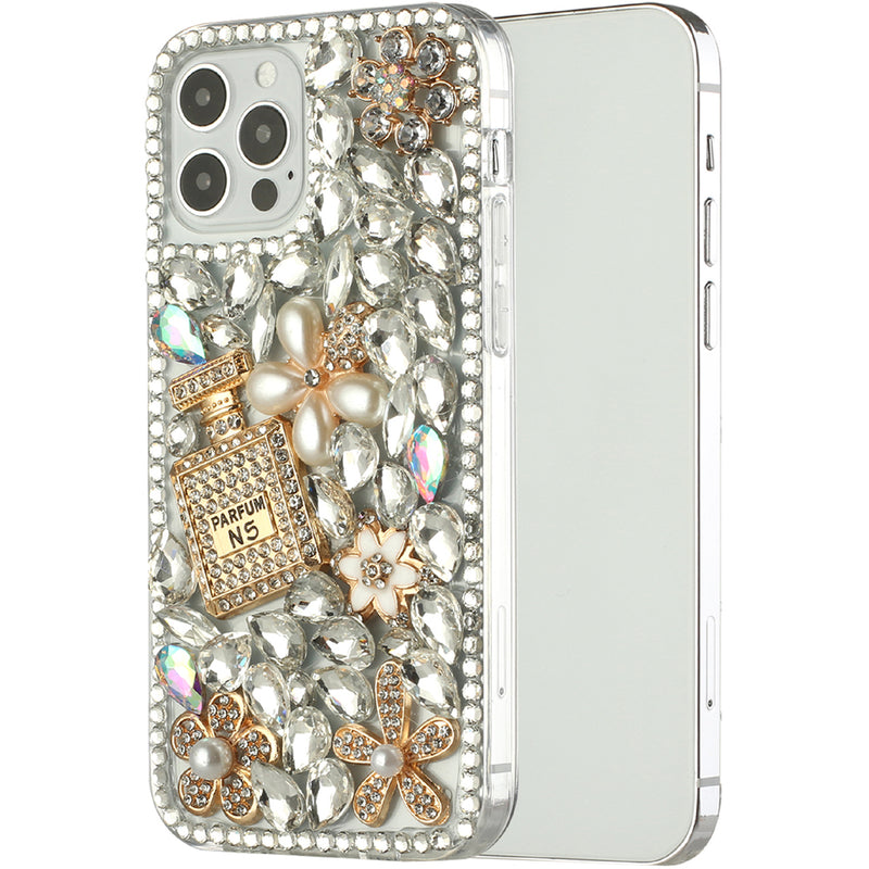 For iPhone 12 Pro Max 6.7 Full Diamond with Ornaments Hard TPU Case Cover - Pearl Flowers with Perfume