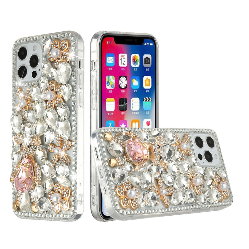For iPhone 12 Pro Max 6.7 Full Diamond with Ornaments Hard TPU Case Cover - Silver Panda Floral