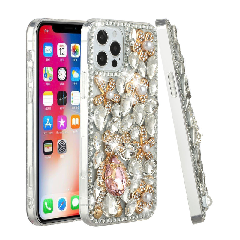 For Apple iPhone SE2 (2020) 8/7 Full Diamond with Ornaments Hard TPU Case Cover - Silver Panda Floral