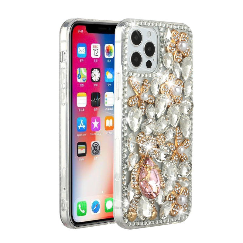 For iPhone 12/Pro (6.1 Only) Full Diamond with Ornaments Hard TPU Case Cover - Silver Panda Floral