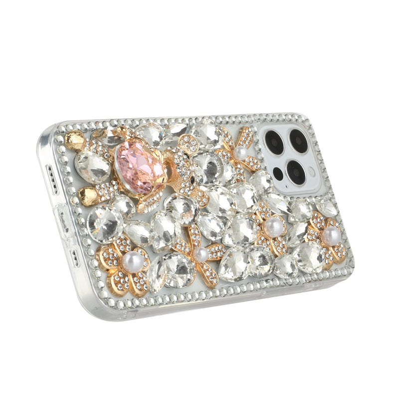 For iPhone 12 Pro Max 6.7 Full Diamond with Ornaments Hard TPU Case Cover - Silver Panda Floral