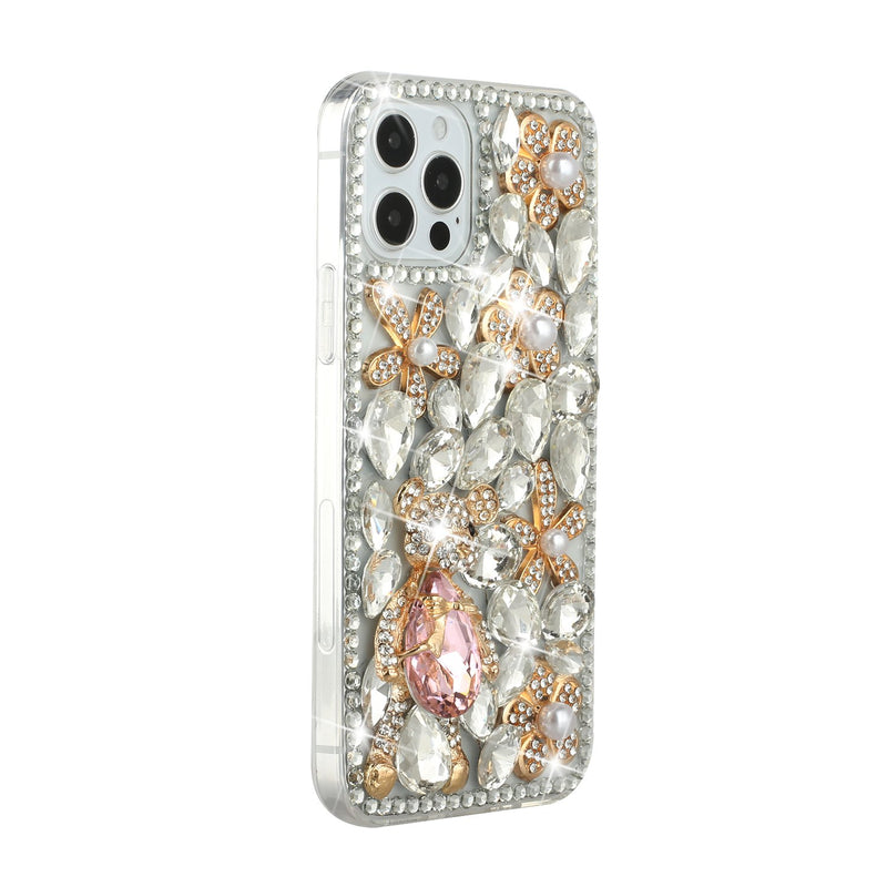 For iPhone 12/Pro (6.1 Only) Full Diamond with Ornaments Hard TPU Case Cover - Silver Panda Floral