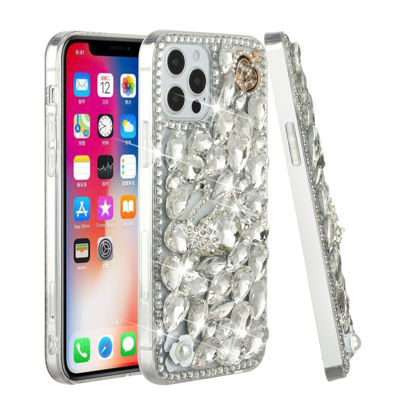 For iPhone 12 Pro Max 6.7 Full Diamond with Ornaments Hard TPU Case Cover - Silver Swan Crown Pearl