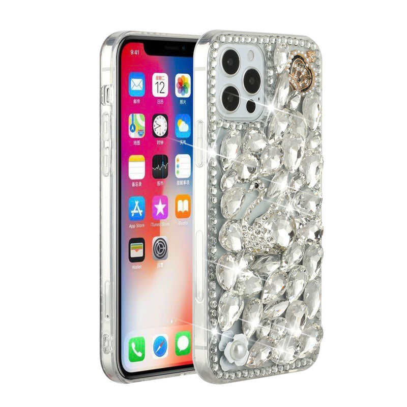 For iPhone 12/Pro (6.1 Only) Full Diamond with Ornaments Hard TPU Case Cover - Silver Swan Crown Pearl