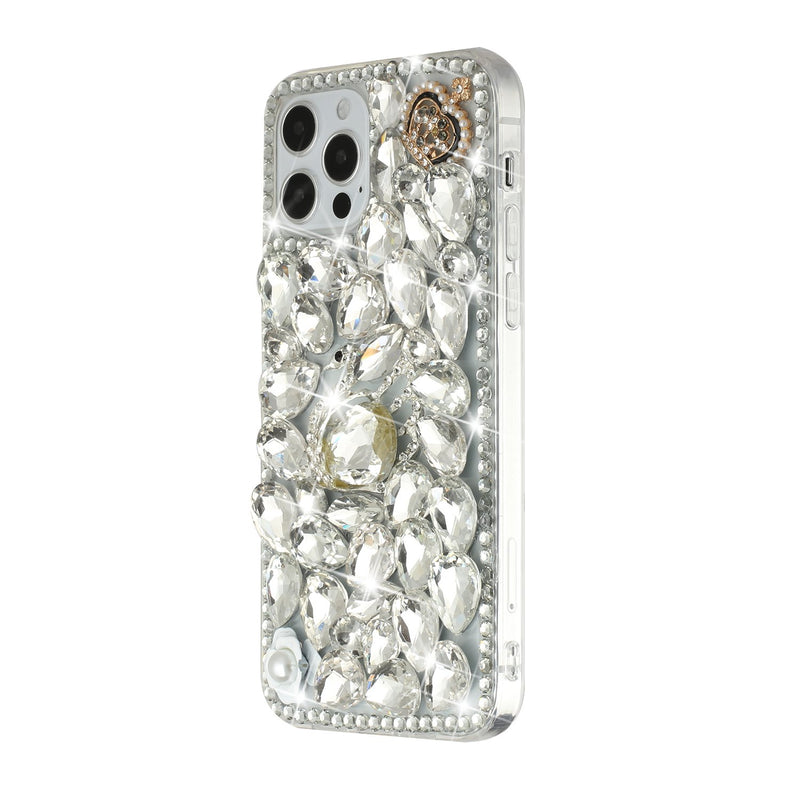 For iPhone 12/Pro (6.1 Only) Full Diamond with Ornaments Hard TPU Case Cover - Silver Swan Crown Pear