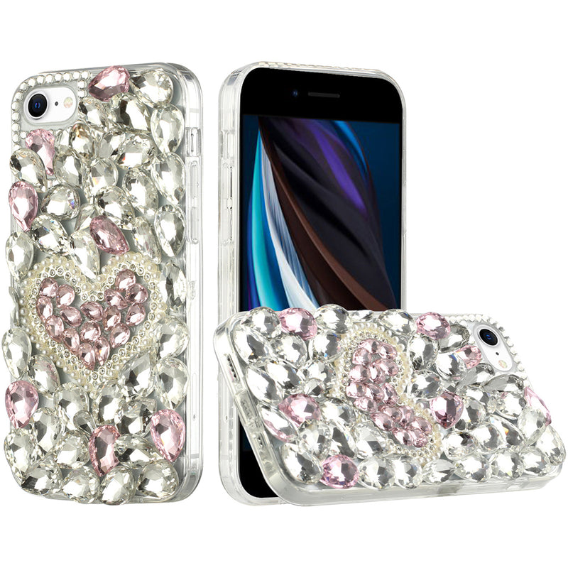 For Apple iPhone SE2 (2020) 8/7/6/6s Full Diamond with Ornaments Hard TPU Case Cover - Hearty Pink Pearl Heart