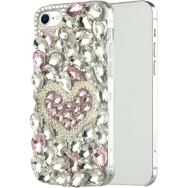 For Apple iPhone SE2 (2020) 8/7/6/6s Full Diamond with Ornaments Hard TPU Case Cover - Hearty Pink Pearl Heart