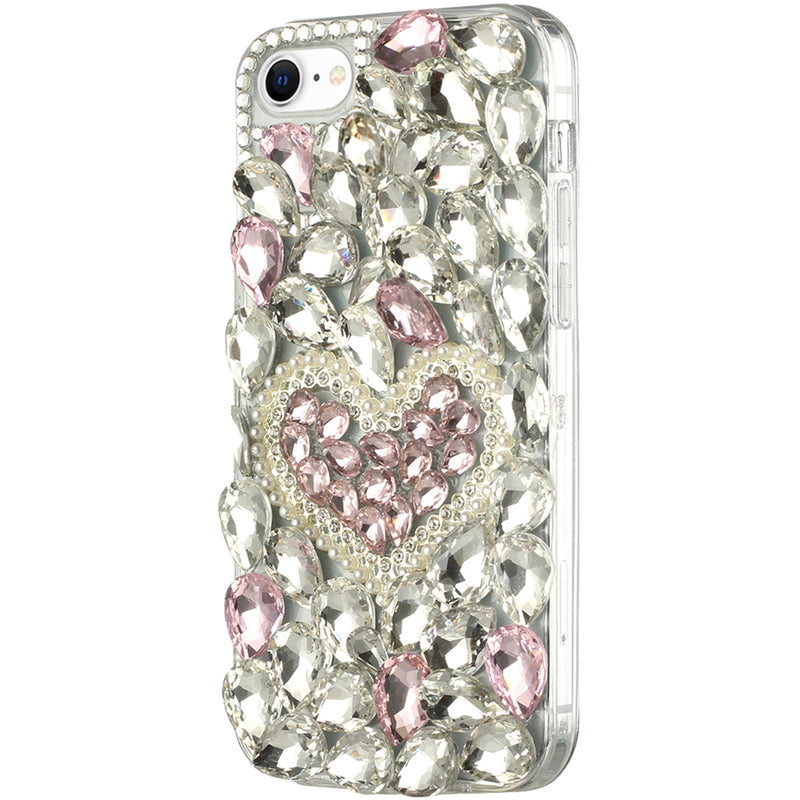 For Apple iPhone SE2 (2020) 8/7/6/6s Full Diamond with Ornaments Hard TPU Case Cover - Hearty Pink Pearl Heart