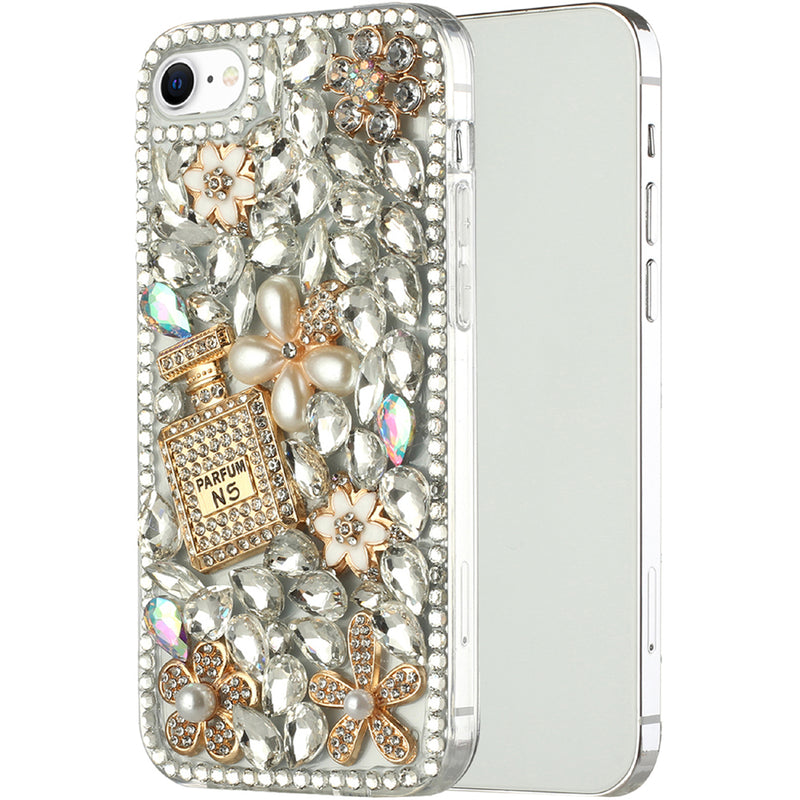 For Apple iPhone SE2 (2020) 8/7/6/6s Full Diamond with Ornaments Hard TPU Case Cover - Pearl Flowers with Perfume