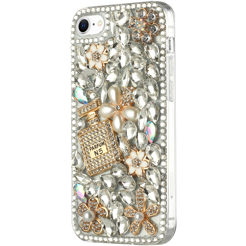 For Apple iPhone SE2 (2020) 8/7/6/6s Full Diamond with Ornaments Hard TPU Case Cover - Pearl Flowers with Perfume