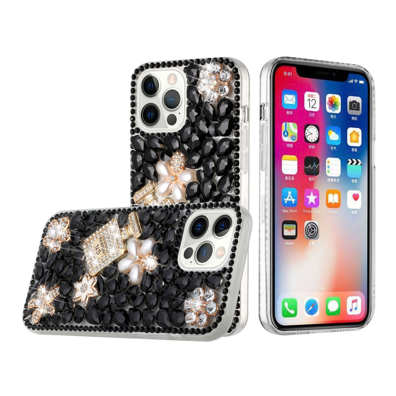 For Apple iPhone 14 PRO 6.1" Full Diamond with Ornaments Case Cover - Pearl Flowers with Perfume Black