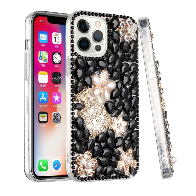 For Apple iPhone 14 PRO 6.1" Full Diamond with Ornaments Case Cover - Pearl Flowers with Perfume Black