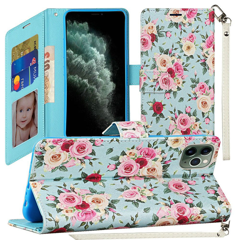 For Apple iPhone 11 Pro MAX (XI6.5) Vegan Design Wallet ID Card Case Cover - Vintage Roses