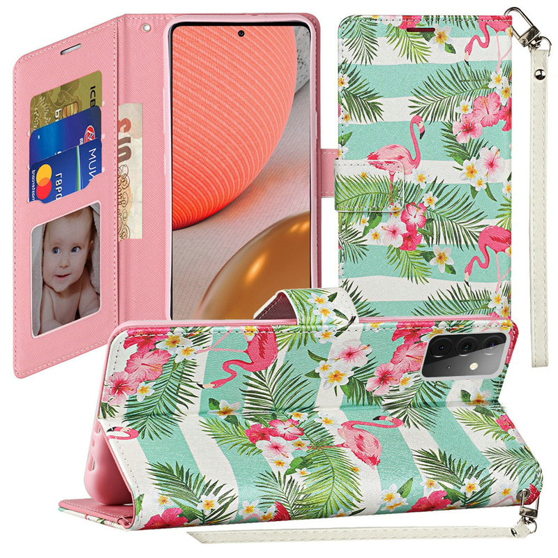 For Samsung Galaxy A72 5G Vegan Design Wallet ID Card Case Cover - Flamingo
