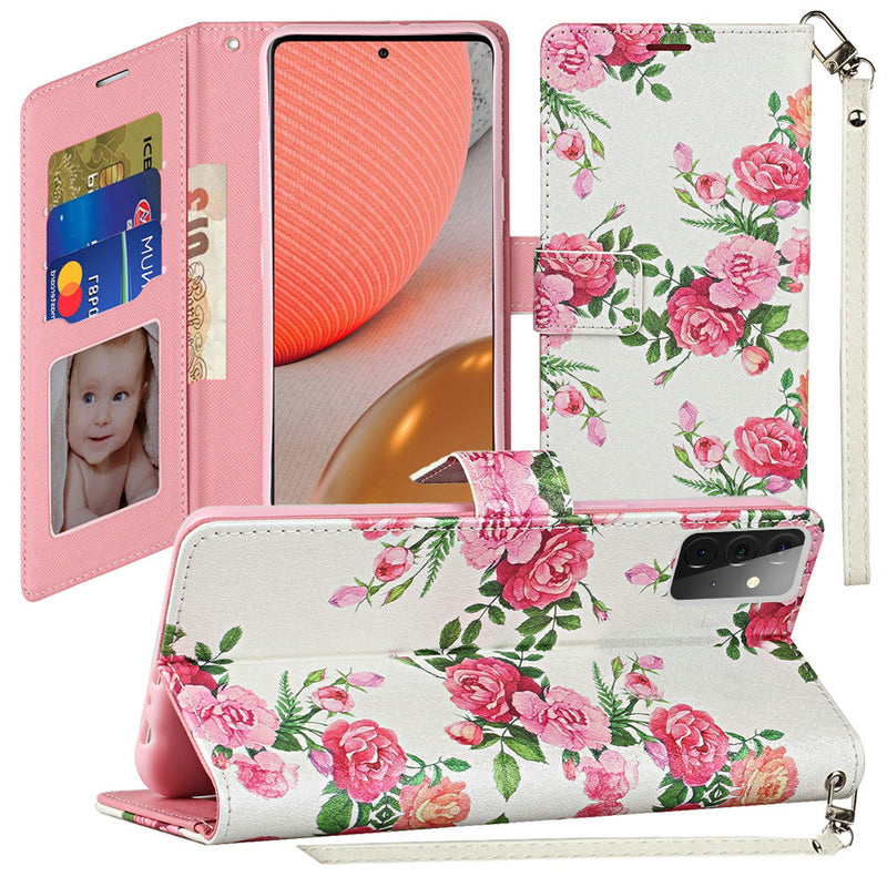 For Samsung Galaxy A72 5G Vegan Design Wallet ID Card Case Cover - Roses Bouquet