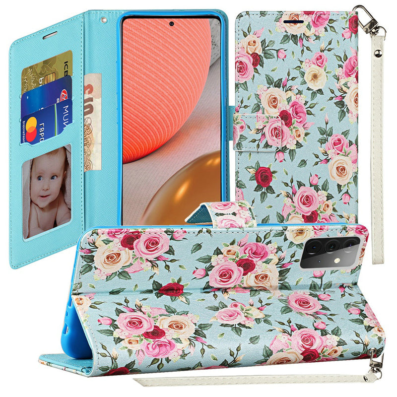 For Samsung Galaxy A72 5G Vegan Design Wallet ID Card Case Cover - Vintage Roses