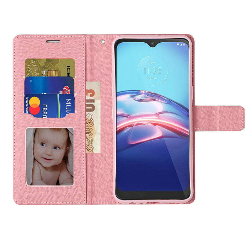 For Motorola Moto E (2020) Vegan Design Wallet ID Card Case Cover - Flamingo