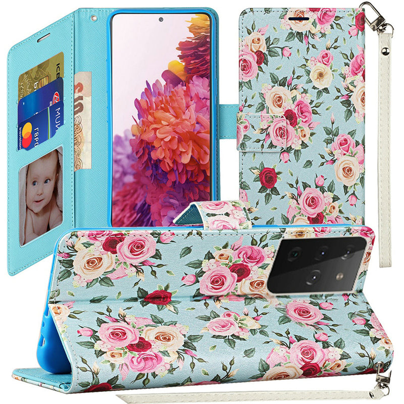 For Samsung Galaxy s21 Plus, s30 Plus Vegan Design Wallet ID Card Case Cover - Vintage Roses