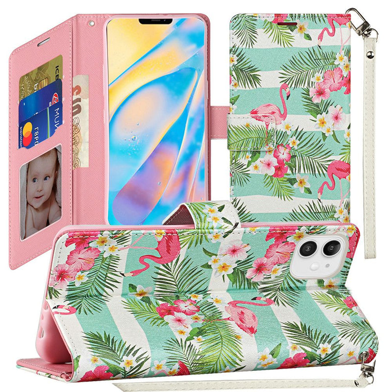 For iPhone 12 Mini 5.4 Vegan Design Wallet ID Card Case Cover - Flamingo