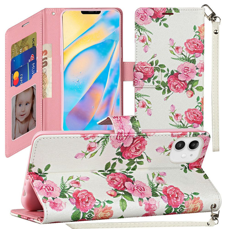 For iPhone 12 Mini 5.4 Vegan Design Wallet ID Card Case Cover - Roses Bouquet