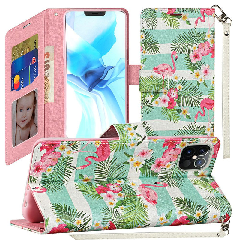 For iPhone 12/Pro (6.1 Only) Vegan Design Wallet ID Card Case Cover - Flamingo