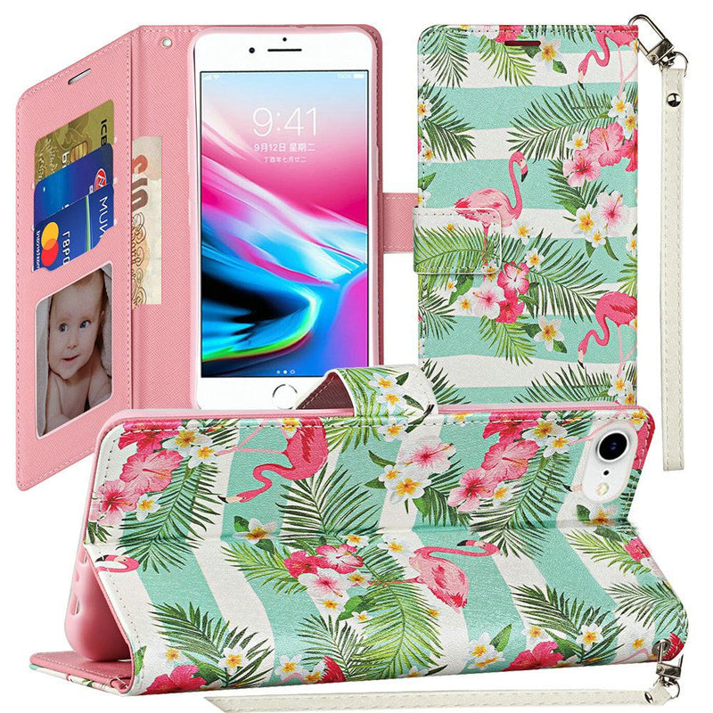 For Apple iPhone SE2 (2020) 8/7/6/6s Vegan Design Wallet ID Card Case Cover - Flamingo