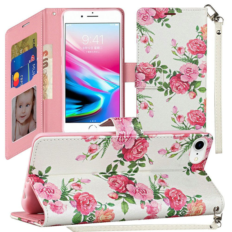 For Apple iPhone SE2 (2020) 8/7/6/6s Vegan Design Wallet ID Card Case Cover - Roses Bouquet